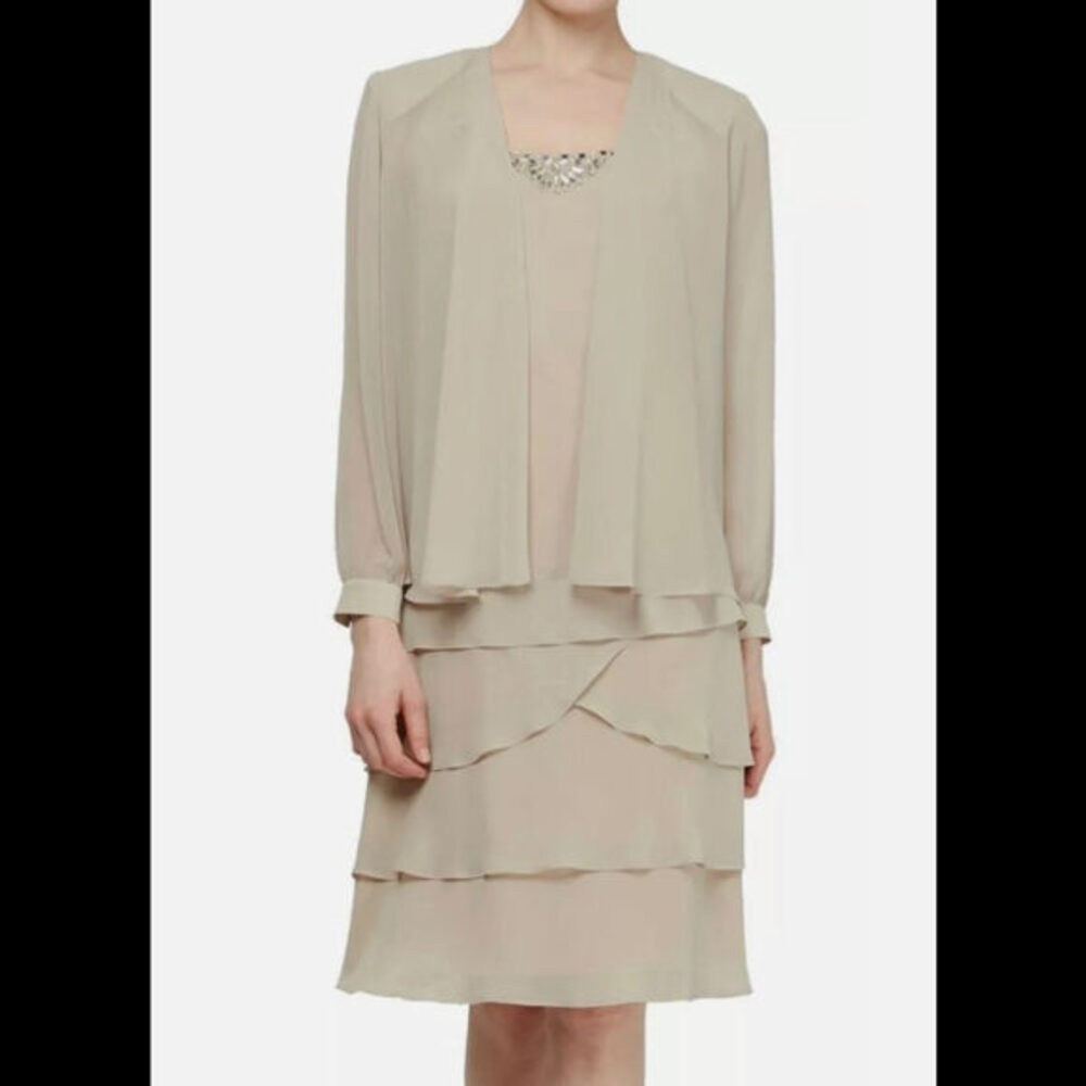 Women’s Formal Dress Sizes 6 14 SLNY Shift 2pc Jacket Dress Set Champagne Tiered